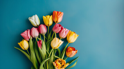 Spring's Bouquet: Colorful Tulips on Blue Background