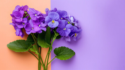 Dual-Toned Delight: Purple Violas Against an Orange and Lavender Backdrop
