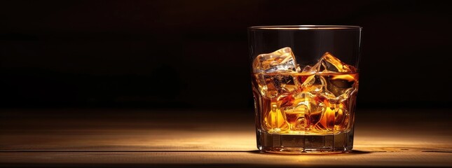 A single glass of whiskey with ice, highlighted against a dark background with space for text.