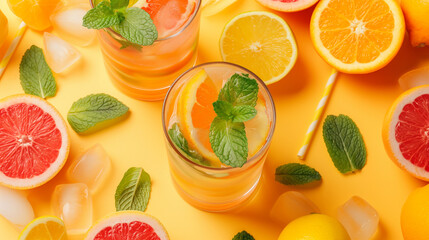A refreshing assortment of citrus fruits with ice cubes on a bright yellow background, creating a summer atmosphere