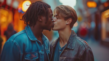 Obraz premium lgbt couple of men different nationalities hugging and kissing. Same-sex love