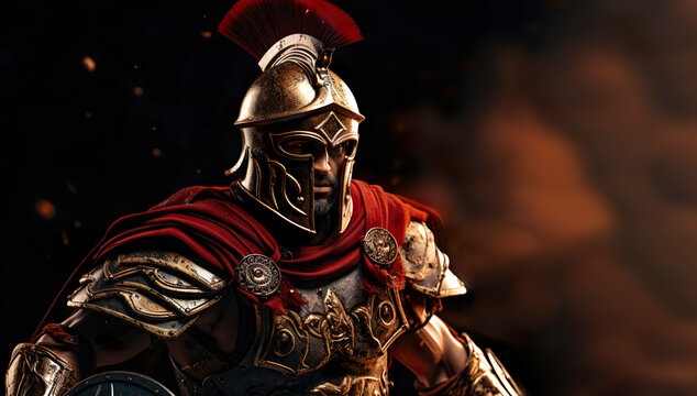 one Roman male legionary (legionaries) wear helmet with crest, long spear and scutum shield, heavy infantryman, realistic soldier of the army of the Roman Empire, on Rome background. 