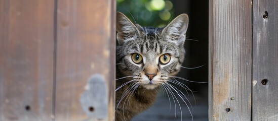 A Felidae, small to mediumsized cat with whiskers and fur, is peeking through a wooden fence, a terrestrial animal curious about what lies beyond