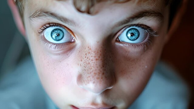 A teenage boy with a frightened expression mirroring the fear and paranoia that can accompany schizophrenia, Close-Up of a Young Boy With Blue Eyes