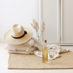 Minimalist monochrome still life composition with straw hat, bottle and textiles in beige color