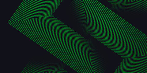 Abstract green glowing geometric lines on dark background. Modern shiny green rounded square lines pattern. Futuristic technology concept