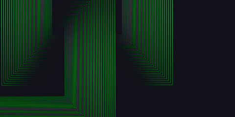 Abstract green glowing geometric lines on dark background. Modern shiny green rounded square lines pattern. Futuristic technology concept