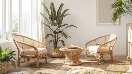 House mockup, living room interior, with classic rattan chairs. Generative Ai