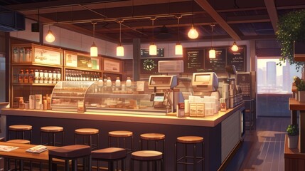 A view of an empty cafe with lights on at night. Japanese animation or anime-style background. A cafe in the anime world. Created with Generative AI. - obrazy, fototapety, plakaty