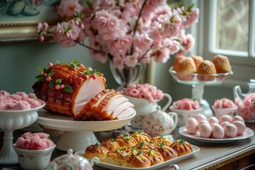 Fototapeta premium Capture the Spirit with Festive Table Settings, Delicious Dishes, and Easter-Themed Centerpieces