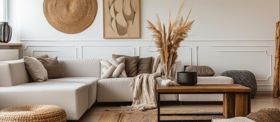 a living room with a white sectional couch , a wooden coffee table , and a vase of dried grass . High quality