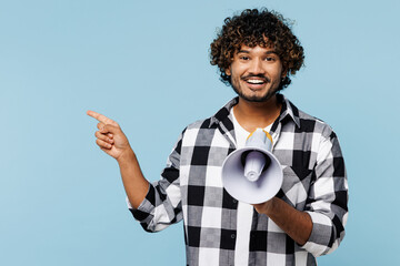 Young fun Indian man he wears shirt white t-shirt casual clothes hold in hand megaphone scream...