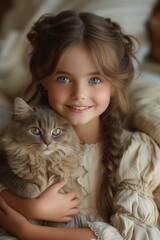 Girl with Blue Eyes and British Shorthair Gray Cat Pose in Beautiful Harmony