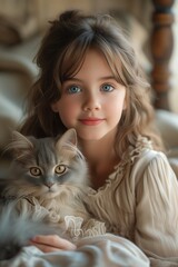 Girl with Blue Eyes and British Shorthair Gray Cat Pose in Beautiful Harmony