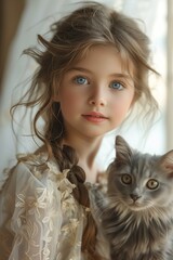 Girl with Blue Eyes and British Shorthair Gray Cat Pose in Beautiful Harmony