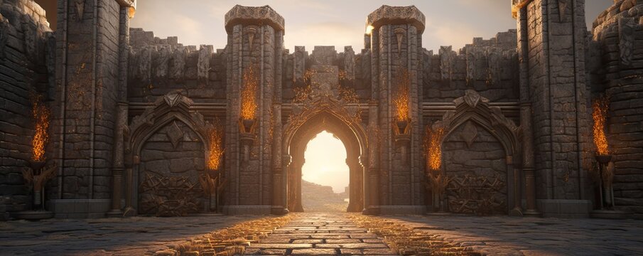 The formidable gate of a medieval fortress, fortified with heavy wooden doors and flanked by towering stone walls, symbolizing strength and security.