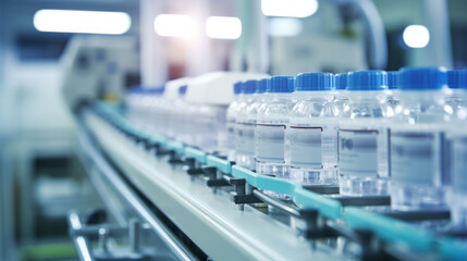 Glass vials with liquid contents are moved along a conveyor belt in a research laboratory. Mass production of vaccines and medicines in a Pharmaceutical factory. Healthcare and medicine concepts. - obrazy, fototapety, plakaty