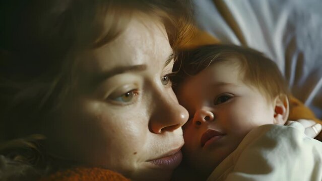 A young mother with a tired and defeated look on her face as she tends to her crying baby, A female Holding a Baby in Her Arms