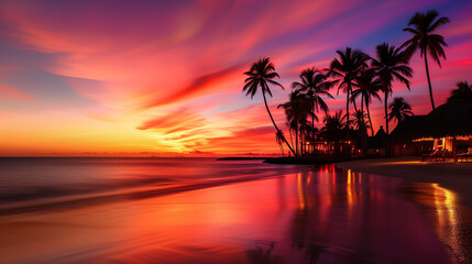 Fototapeta na wymiar Sunset Paradise: Breathtaking Tropical Beach Panorama with Vibrant Sky, Silhouetted Palm Trees, and Thatched Huts on Pristine White Sand