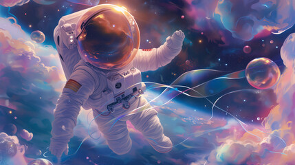 Astronaut floating weightlessly in space, surrounded by shimmering stardust and cosmic clouds. In the foreground, the astronaut is depicted in a spacesuit, Celestial Dreamer - obrazy, fototapety, plakaty