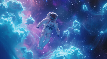 Astronaut floating weightlessly in space, surrounded by shimmering stardust and cosmic clouds. In the foreground, the astronaut is depicted in a spacesuit, Celestial Dreamer