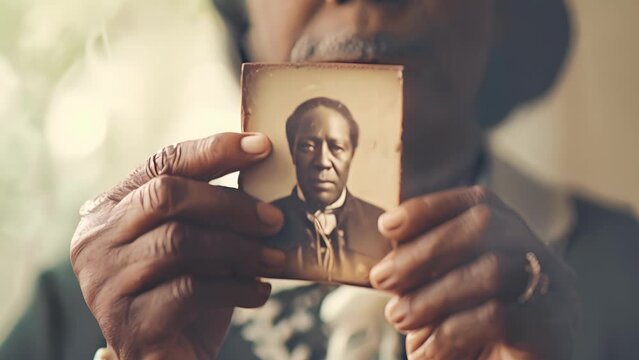 An African American woman holds a picture of her greatgrandfather a former slave and pays tribute to the strength and resilience of her family despite the trauma they hav, female Holding Up Picture of