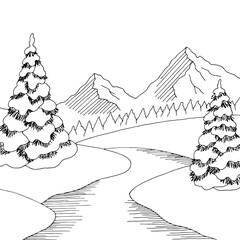 Winter river landscape graphic black white sketch illustration vector 
