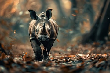 baby rhinoceros, Professional photo, wildlife tele shot style, blur background - obrazy, fototapety, plakaty