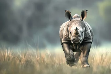 Foto auf Alu-Dibond baby rhinoceros, Professional photo, wildlife tele shot style, blur background © JetHuynh
