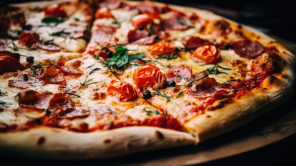 Delicious pizza with salami, cheese and tomatoes close up - obrazy, fototapety, plakaty