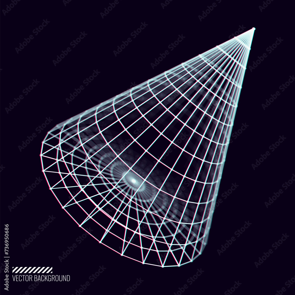 Aufkleber Glitched Cyberpunk 3D Cone Shape. 3D Grid Geometry for Retrowave Vaporwave Synthwave Style Graphic Design. Old Cyberpunk 80s-90s Aesthetic Virtual Reality Concept. Vector Illustration.