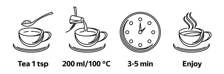 Tea brew instruction icons. Making tea, step by step how to make black tea. Stock Vector	