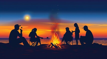 Beach Bonfire Gathering: Silhouettes of friends or families sitting around a bonfire on the beach, roasting marshmallows, and enjoying each other's company.

