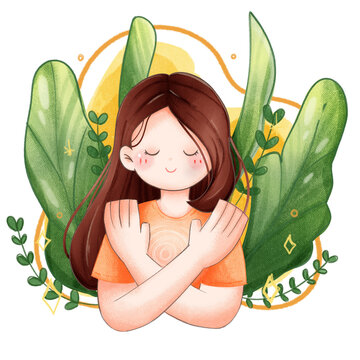 Happy woman with love, compassion, generosity in heart. Self care and acceptance, hope for good concept. Young girl feeling affection, gratitude. Flat 2d illustration healthy mental health