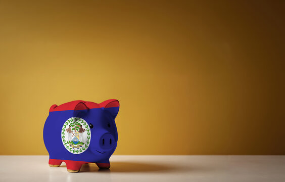 Piggy bank with painting of Belize flag. The problem is in the economy. Economic crisis. Saving money concept.