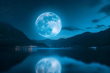 Stock photo of a rare blue supermoon, larger and brighter, illuminating the night sky and casting a surreal glow over a tranquil landscape.