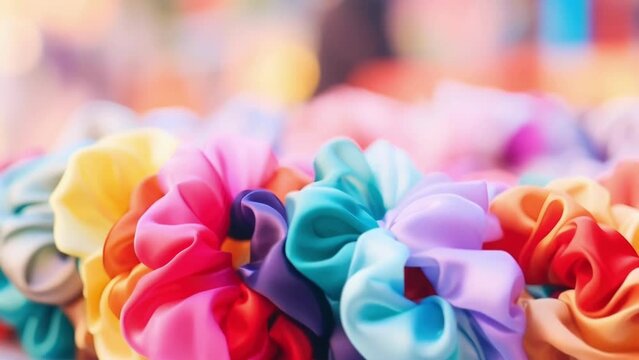 Closeup of a set of colorful hair scrunchies, a crucial accessory for the teenagers matching outfits for their dance challenge.