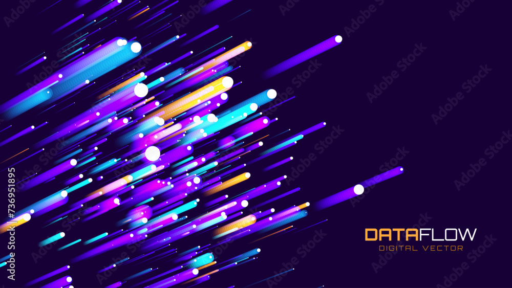 Poster Digital Data Flow Vector Background. Big Data Technology Lines. 5G Wireless Data Transmission. High Speed of Light Trails. Information Flow in Virtual Reality Cyberspace. Vector Illustration.