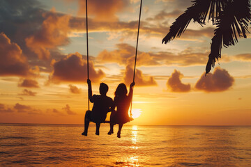 A young couple in love swings on a swing on a beach with palm trees near the ocean at sunset. AI generative