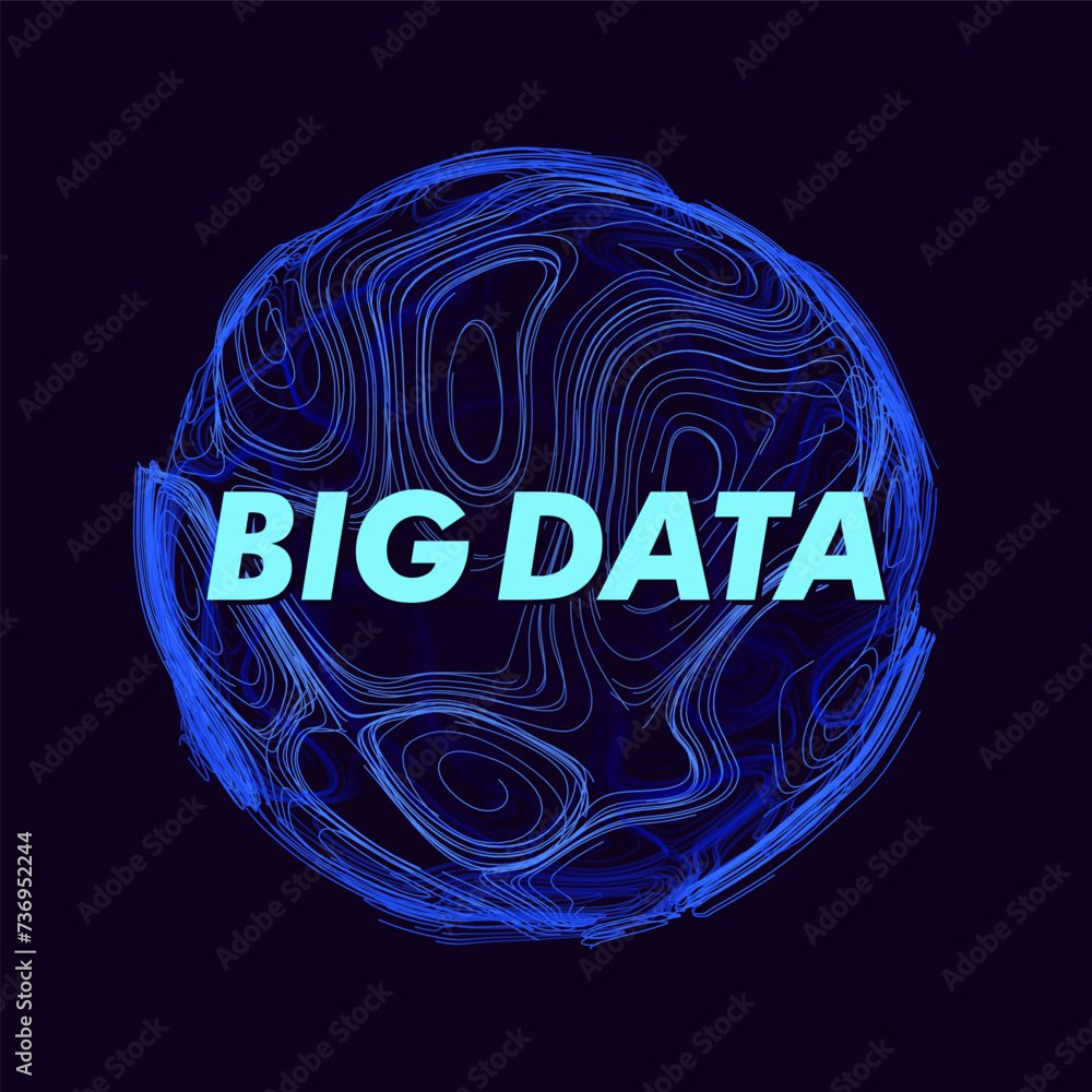 Poster Big Data Visualization. 3D Sphere with Wavy Lines. Big Data Connection Complex. Data Globe Visual Concept. Abstract Technology Science Background. Vector Illustration