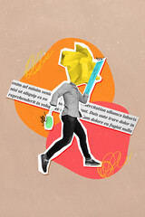Absurd illustration collage of crumpled paper head freelance copywriter with hands looks like mouse...