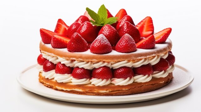 French strawberry dessert cake isolated on a white background