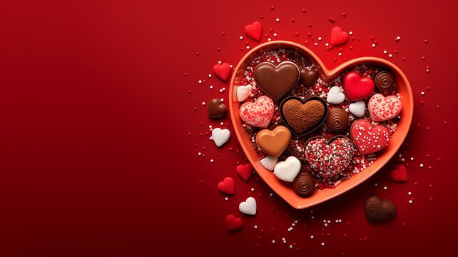 Valentines day celebration concept photo of heart shaped dish with sweets chocolate jelly candy cookies and confetti on top isolated red background with copyspace in center, Generative AI