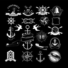 Nautical labels set. Vintage design elements on black chalkboard background. Design element in vector