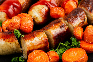 Fried and sliced turkey sausage, close up.