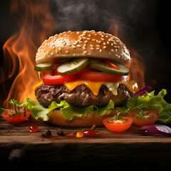 Big tasty cheeseburger with beef meat and vegetables on wooden background