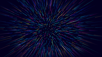 Abstract Circular Geometric Background. Starburst Dynamic Lines Rays. Science Fiction Space Travel, Hyper Warp, Teleport, Hyper Speed of Light Jump Effect Concept. Speed Lines Vector Illustration.
