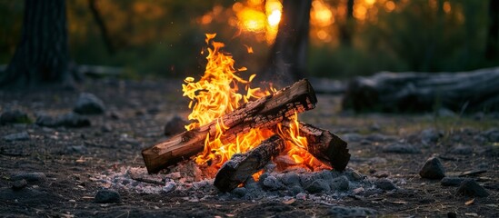 Stock photo of a forest bonfire with dry logs burning intensely
