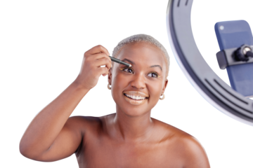 Black woman, live streaming or makeup of blogger with eyeliner for beauty or cosmetics. African influencer with social media tutorial, self care and facial tips isolated on transparent png background