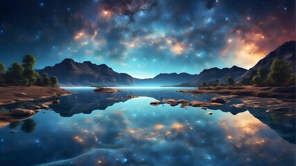 3D Abstract Night Dream with Starry Sky and Reflective Waters, 3D Abstract Night Scene with Universe Reflections, 3D Abstract Night Vision of Stars, Planets, and Lake, 3D Abstract Night Dream with Cel